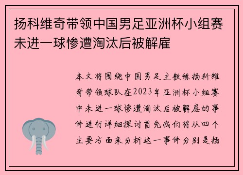 扬科维奇带领中国男足亚洲杯小组赛未进一球惨遭淘汰后被解雇 扬科维奇带领中国男足亚洲杯小组赛未进一球惨遭淘汰后被解雇
